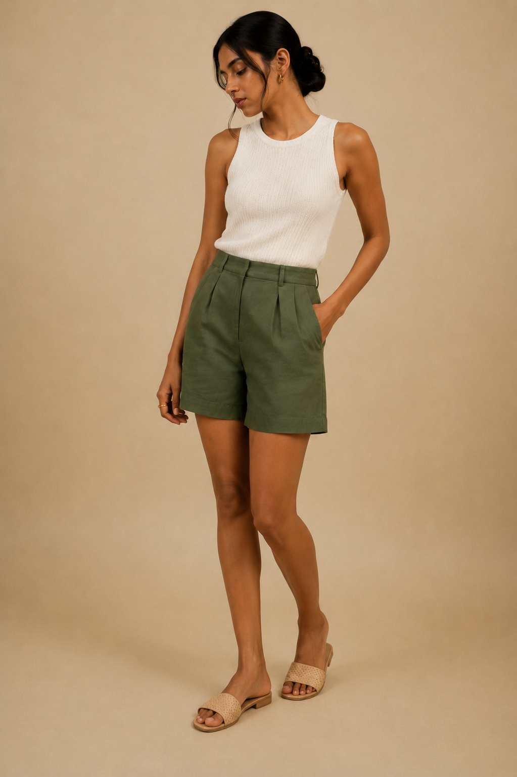 Tailored Olive Green Shorts in Khadi