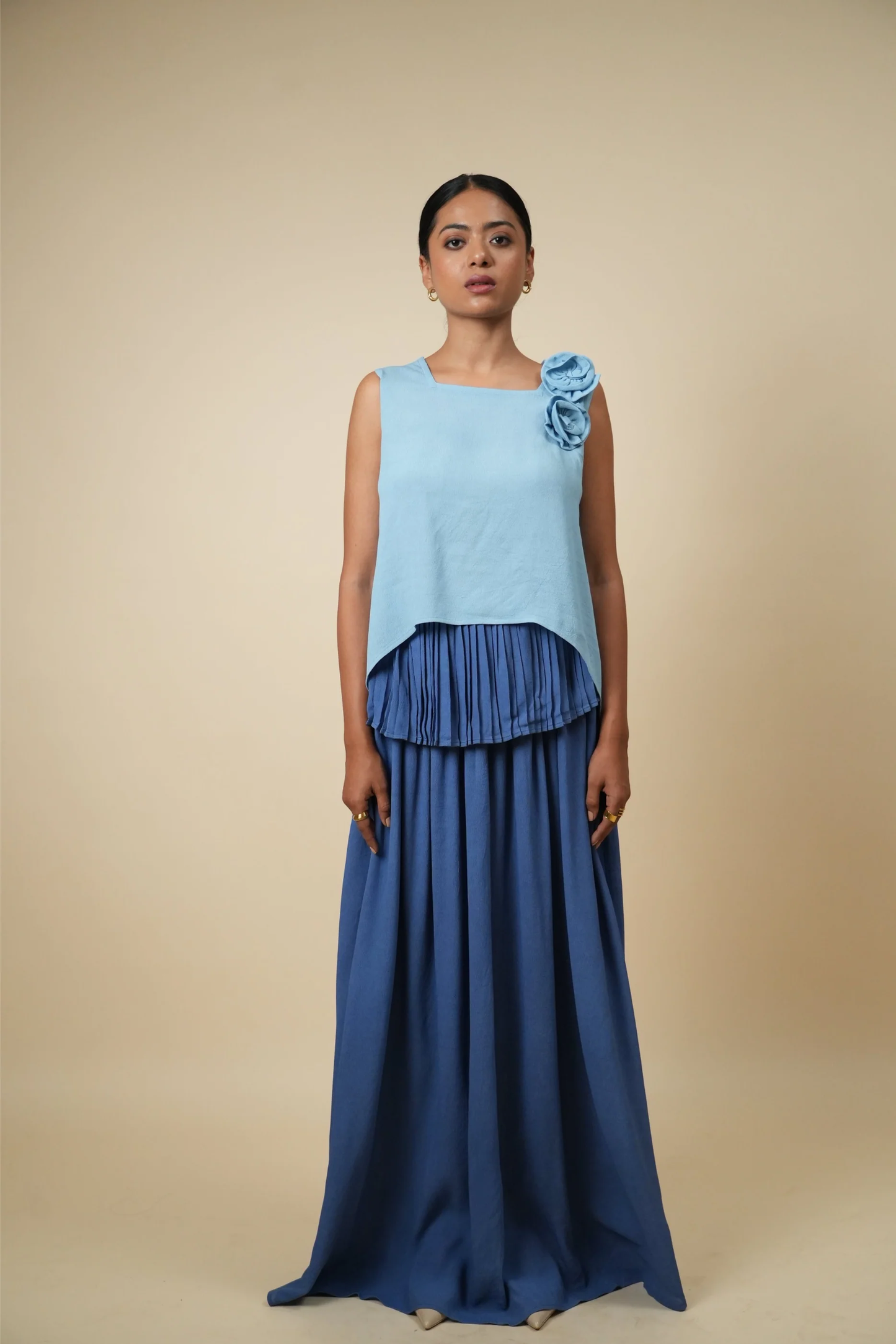 Pleated Top with Rosette Detail in Two-Tone Blue Viscose Georgette