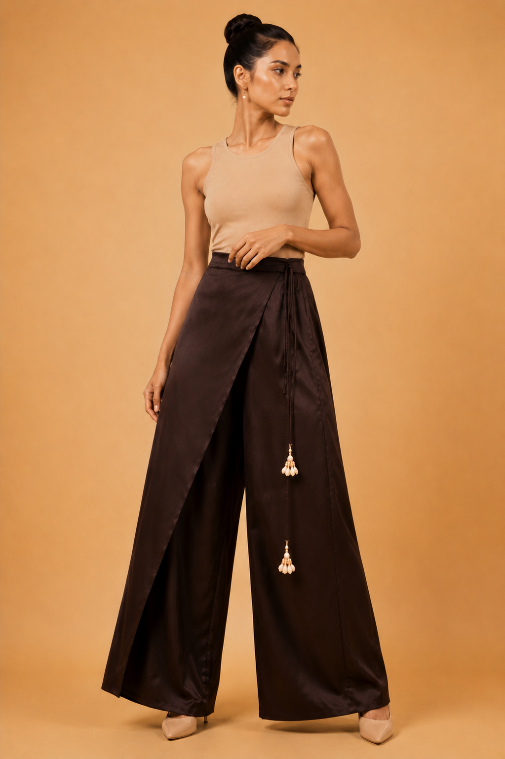 Wide-Leg Wrap Trousers in Brown Satin