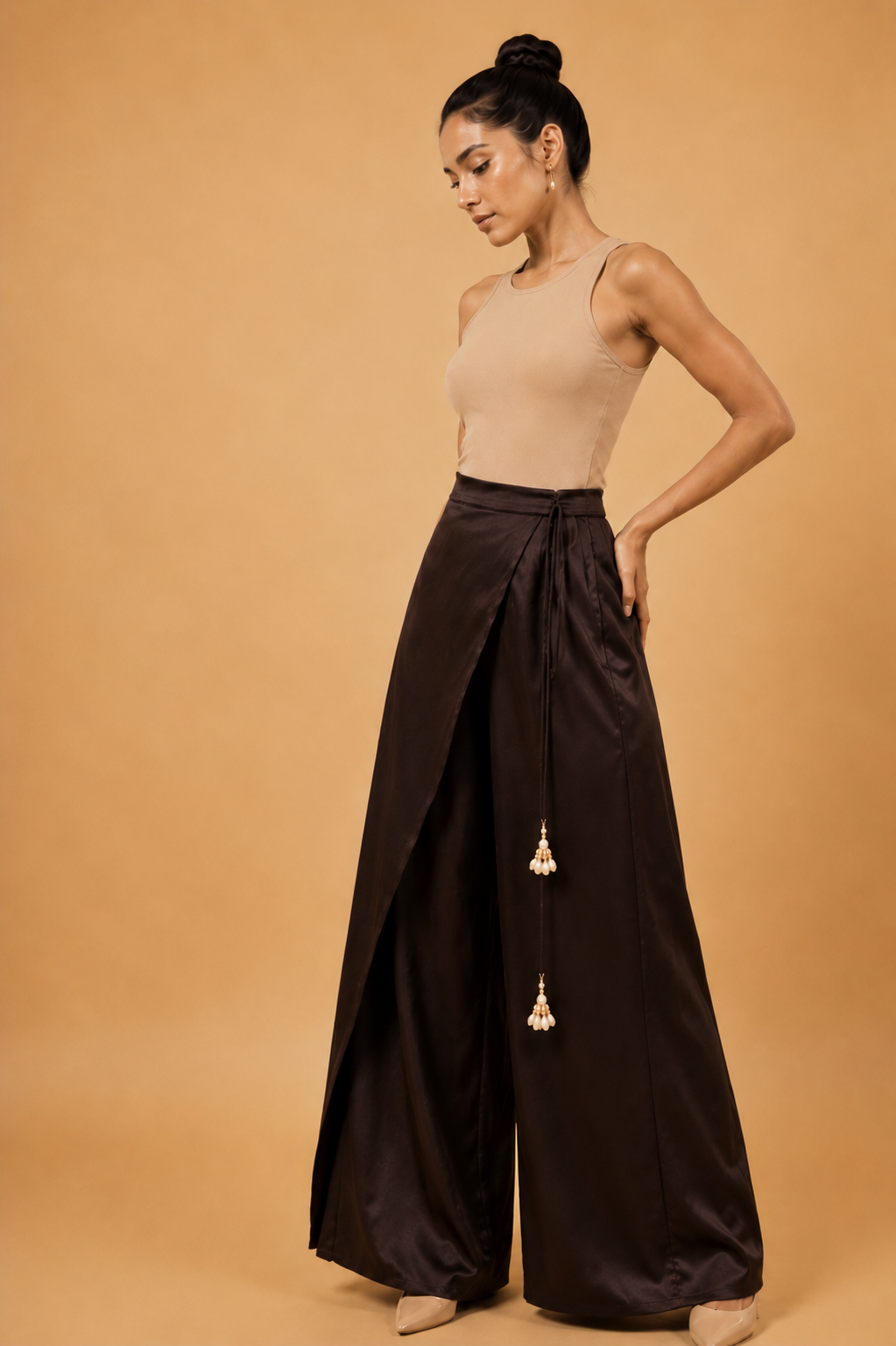 Wide-Leg Wrap Trousers in Brown Satin