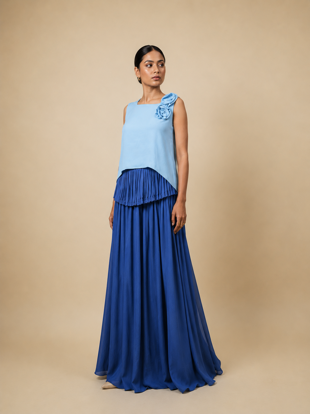 Flowing Cape Skirt in Steel Blue Viscose Georgette
