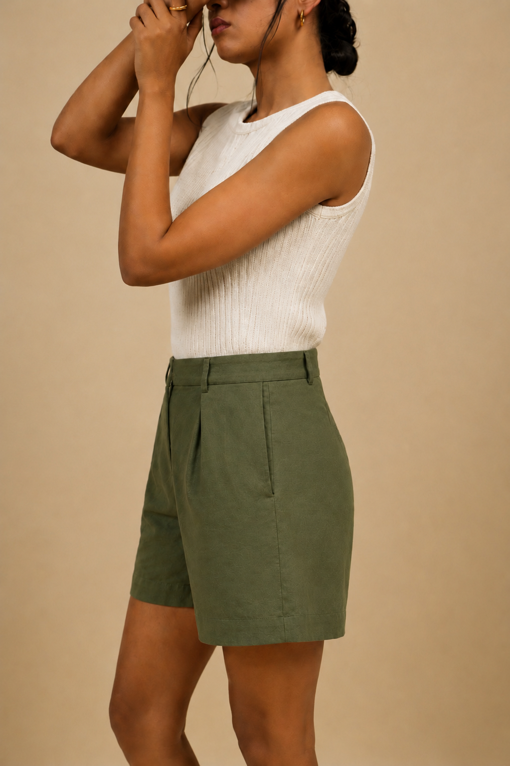 Tailored Olive Green Shorts in Khadi