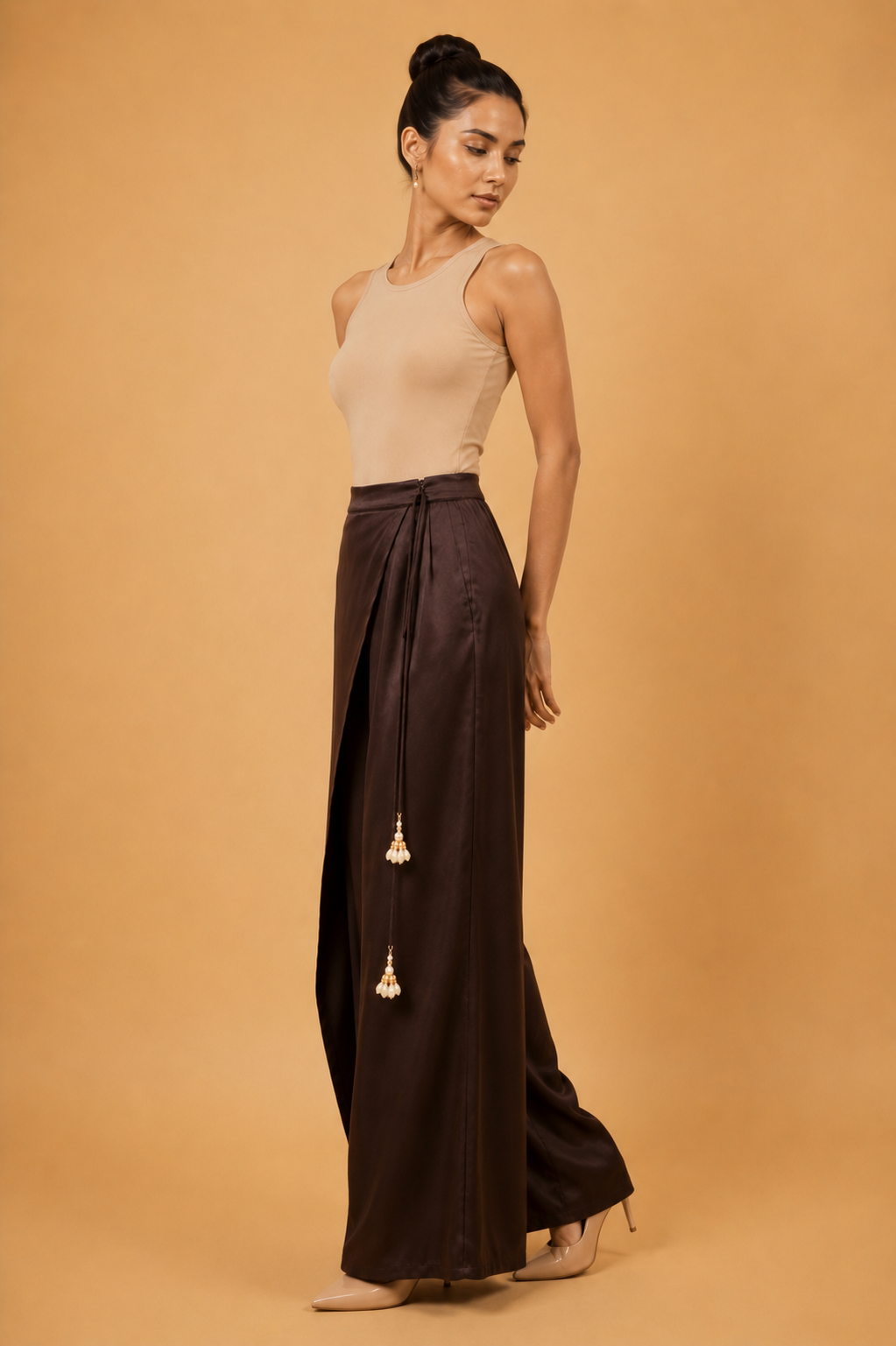 Wide-Leg Wrap Trousers in Brown Satin