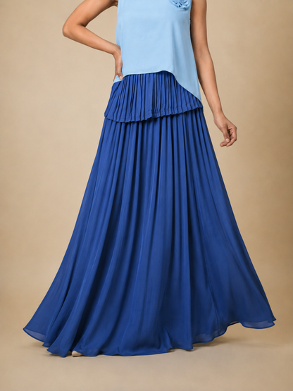 Flowing Cape Skirt in Steel Blue Viscose Georgette