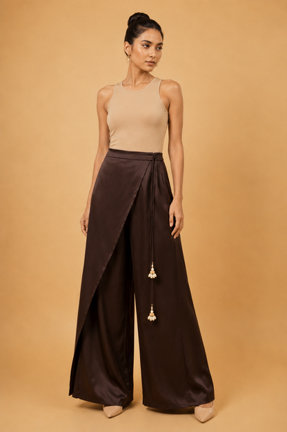 Wide-Leg Wrap Trousers in Brown Satin