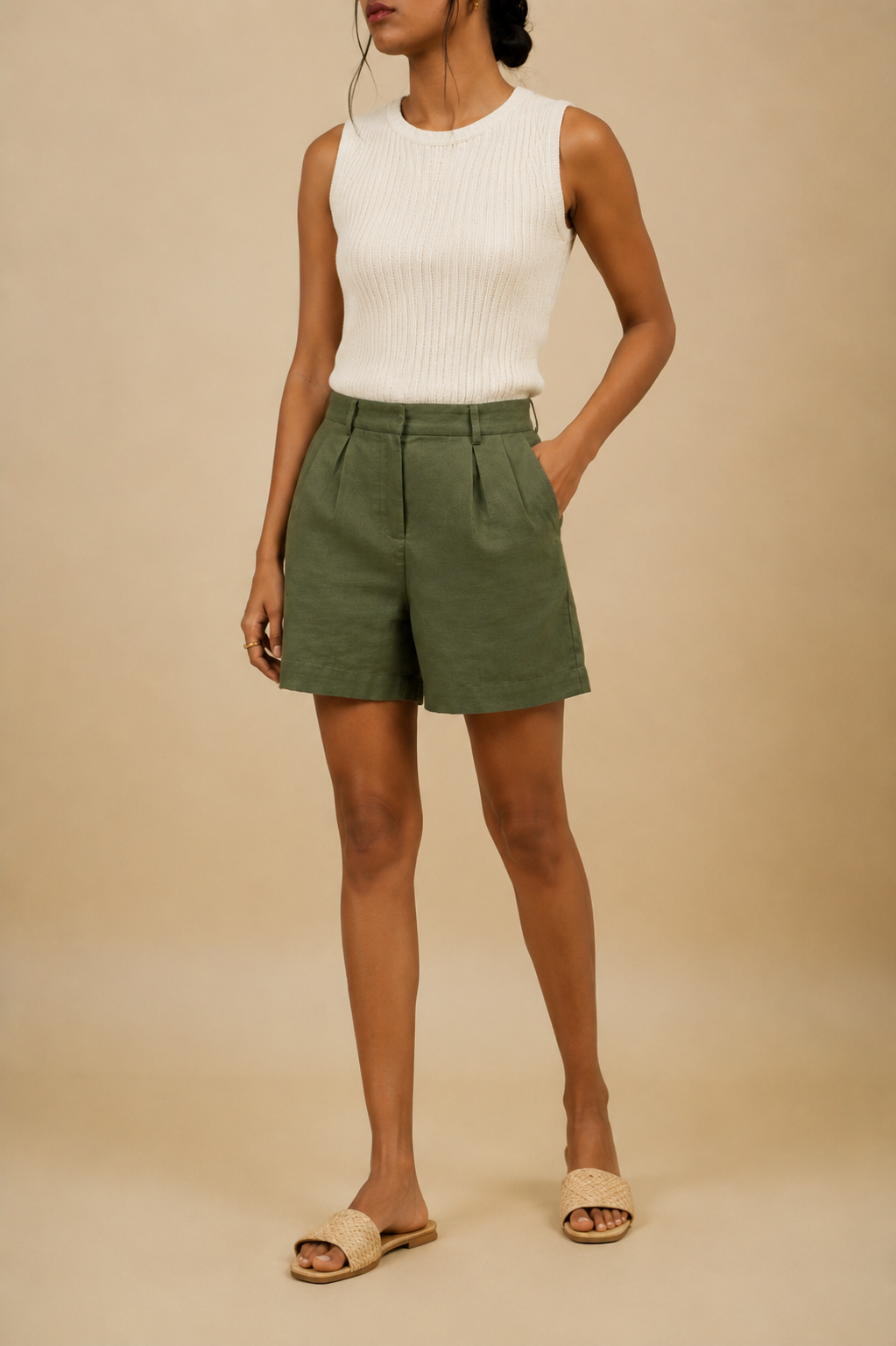 Tailored Olive Green Shorts in Khadi