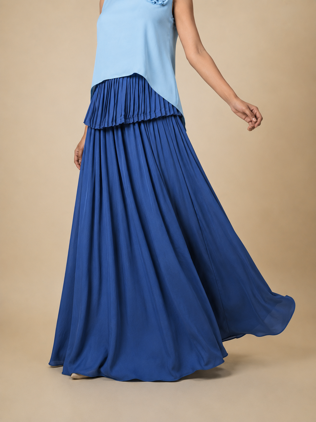 Flowing Cape Skirt in Steel Blue Viscose Georgette