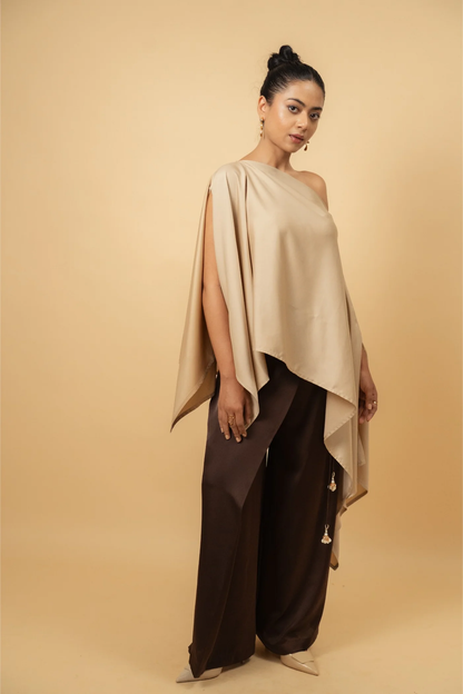 Asymmetrical Cape Top in Gold Beige Satin