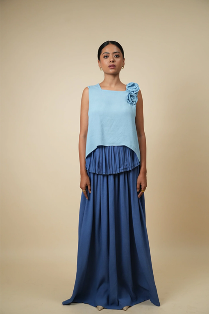 Pleated Top with Rosette Detail in Two-Tone Blue Viscose Georgette