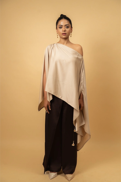 Asymmetrical Cape Top in Gold Beige Satin