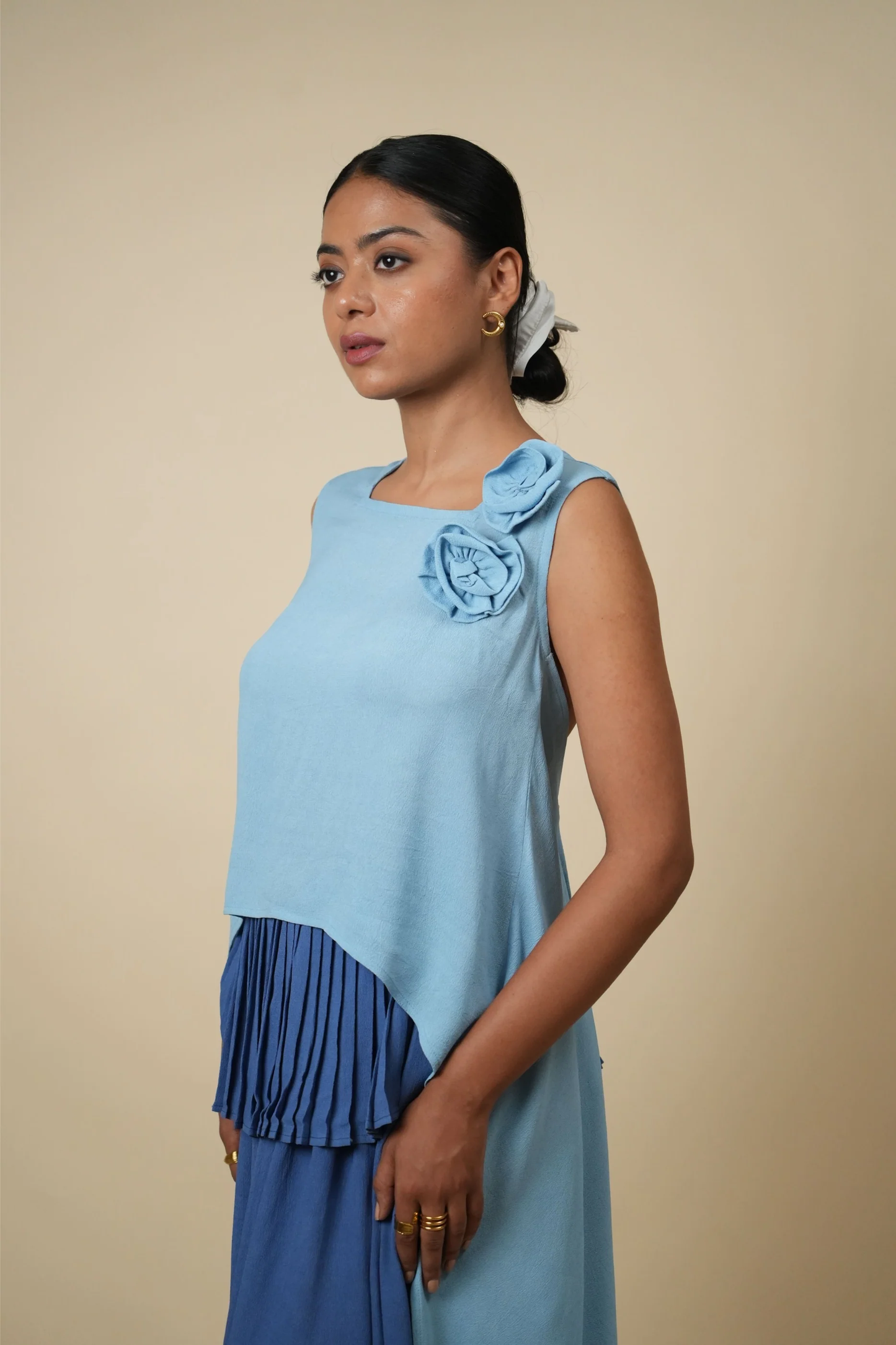 Pleated Top with Rosette Detail in Two-Tone Blue Viscose Georgette