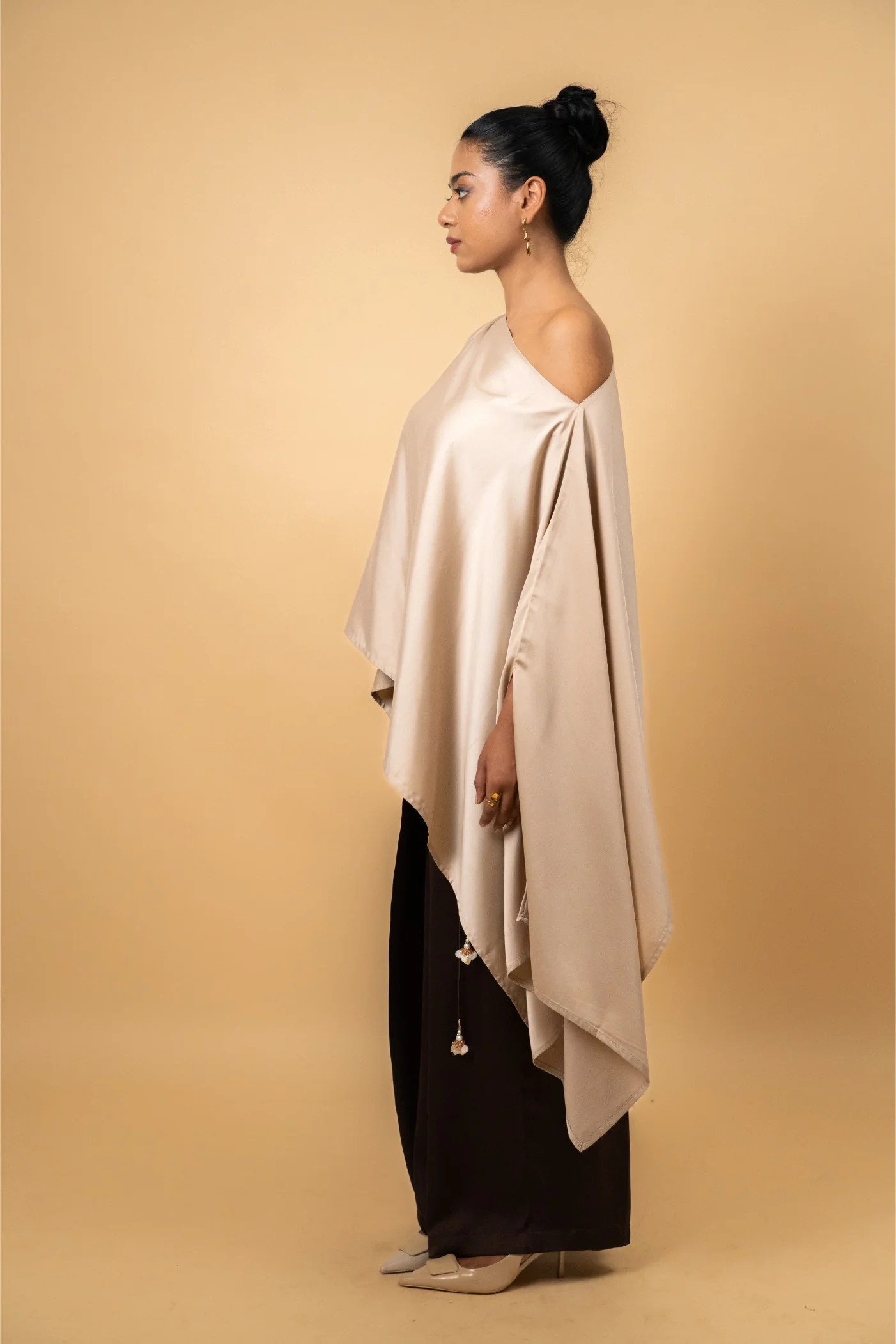 Asymmetrical Cape Top in Gold Beige Satin