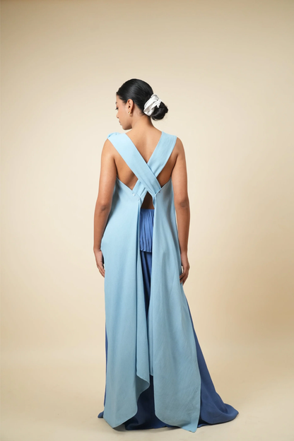 Pleated Top with Rosette Detail in Two-Tone Blue Viscose Georgette