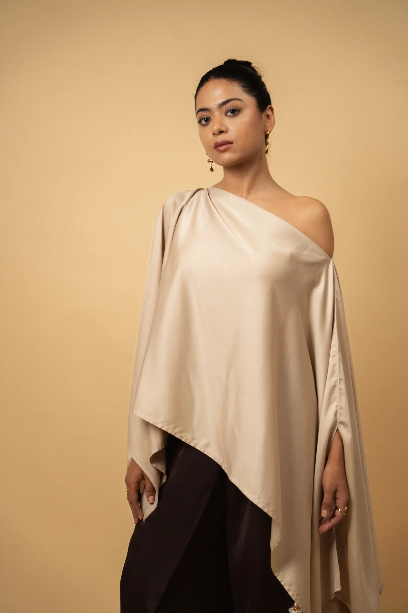 Asymmetrical Cape Top in Gold Beige Satin
