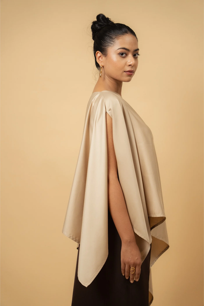 Asymmetrical Cape Top in Gold Beige Satin