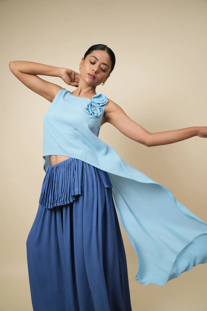 Pleated Top with Rosette Detail in Two-Tone Blue Viscose Georgette